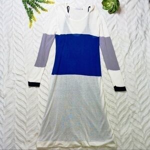 Mara Mac White Blue Color Block Long Sleeve Knit Midi Dress Size Large